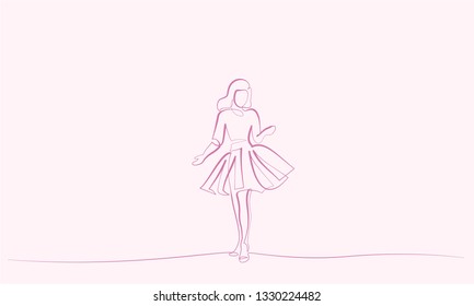 Continuous one line drawing. Girl in festive dress. Vector color illustration