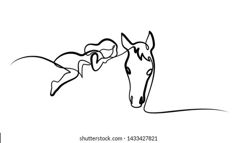 Continuous one line drawing. Girl lying horse. Black and white vector illustration. Concept for logo, card, banner, poster, flyer