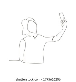 Continuous one line drawing of girl selfie. Vector illustration of a portrait character of a young woman holding a smartphone, taking a selfie photo. Sketch.