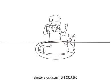 Una línea contínua dibujando a una chica lavándose los dientes con gesto hacia arriba. Hábitos rutinarios de limpieza, salud, frescura de boca y dientes. ilustración vectorial de diseño de línea única