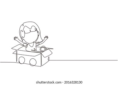 Continuous one line drawing girl driving cardboard car. Happy child ride on toy car made of cardboard. Creative kids plays with her cardboard car. Single line draw design vector graphic illustration