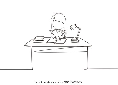 Continuous one line drawing girl studying on table with study lamp and pile of books. Kid makes homework from school. Intelligent student concept. Single line draw design vector graphic illustration