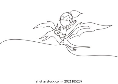 Continuous one line drawing girl riding flying dinosaur. Pterodactyl ride with young kid sitting on back of dinosaur and flying high in sky. Single line draw design vector graphic illustration