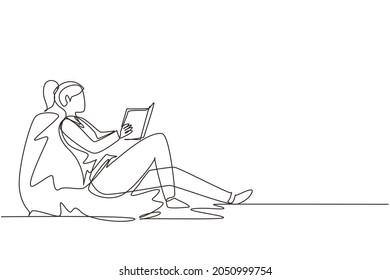 Continuous one line drawing girl on sofa in room reading book and having rest. Young woman reads book on couch at cozy home. Girl sitting on sofa, reading book, resting. Single line draw design vector