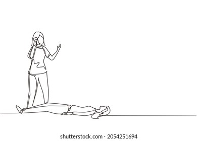 Continuous one line drawing girl calls emergency service by smartphone. Female has heart problems. Passer saves woman with heart attack. First aid. High-priority call. Single line draw design vector