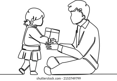 Continuous one line drawing of girl child giving present to her father. Father is superhero. Happy father's day. Single line draw design vector graphic illustration.