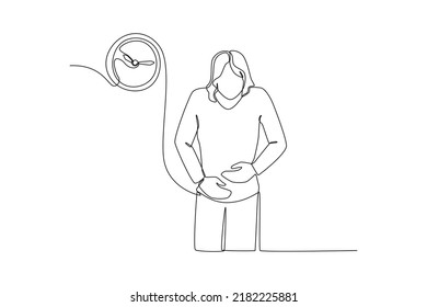 Continuous one line drawing girl suffering from stomach ache due to late eating. Late concept. Single line draw design vector graphic illustration.