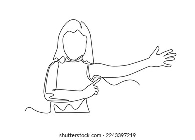 Continuous one line drawing girl showing her arm. Kids body parts anatomy concept. Single line draw design vector graphic illustration.