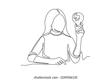 Continuous one line drawing girl is holding a light bulb in his hand. Earth hour concept. Single line draw design vector graphic illustration.