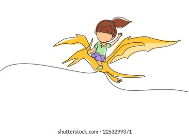 Continuous one line drawing girl riding flying dinosaur. Pterodactyl ride with young kid sitting on back of dinosaur and flying high in sky. Single line draw design vector graphic illustration