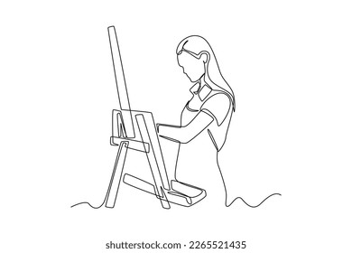 Continuous one line drawing girl holding a paintbrush and working on a painting for art class. Class in action concept. Single line draw design vector graphic illustration.