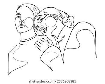 Continuous one line drawing of girl best friends illustration. Vector illustration.