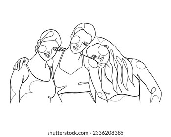 Continuous one line drawing of girl best friends illustration. Vector illustration.