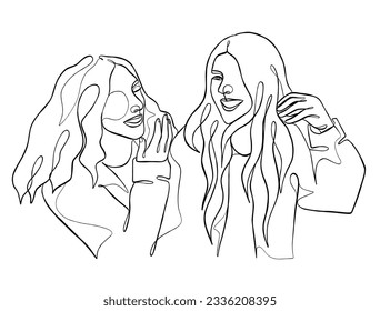 Continuous one line drawing of girl best friends illustration. Vector illustration.