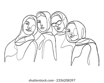 Continuous one line drawing of girl best friends illustration. Vector illustration.