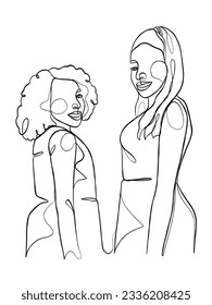 Continuous one line drawing of girl best friends illustration. Vector illustration.