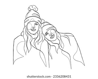 Continuous one line drawing of girl best friends illustration. Vector illustration.