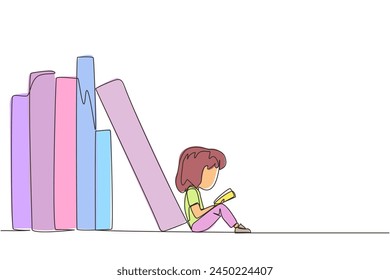 Continuous one line drawing girl reading sitting leaning against a pile of books. Habit of reading books every day. Library. Good habit. Book festival. Single line draw design vector illustration