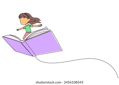 Chica de dibujo de una línea continua de pie en un Grande libro abierto volador. Como montar en una nube, capaz de volar tan alto como sea posible. La lectura aumenta la comprensión. Me encanta leer. Ilustración vectorial de diseño monolínea