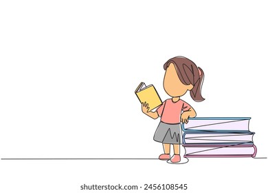 Continuous one line drawing girl standing reading a book while leaning against a pile of large books. Hobby of reading anywhere. Very happy when reading. Single line draw design vector illustration