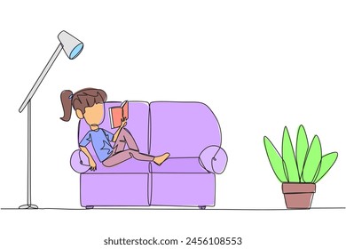 Continuous one line drawing girl sitting stretched out on the sofa reading a book. Really like the content of the book reading on each page. Impressive. Single line draw design vector illustration