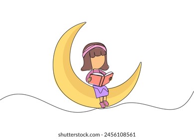 Continuous one line drawing girl sitting on crescent moon reading a book. Metaphor of reading a fairy story before sleeping. Read until late. Love reading. Single line draw design vector illustration