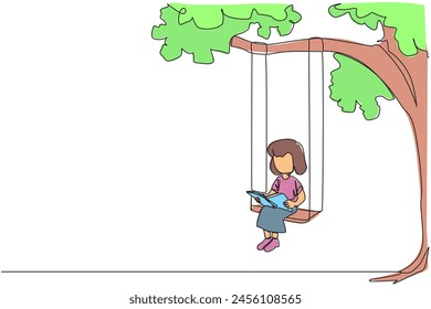 Continuous one line drawing girl sitting on swing under a shady tree reading a book. High enthusiasm for reading. Read anywhere. Reading increases insight. Single line draw design vector illustration