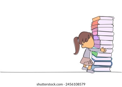 Continuous one line drawing girl hugging very high pile of books. Hobby to collecting and reading books. Filling free time with useful things. Loving read. Single line draw design vector illustration