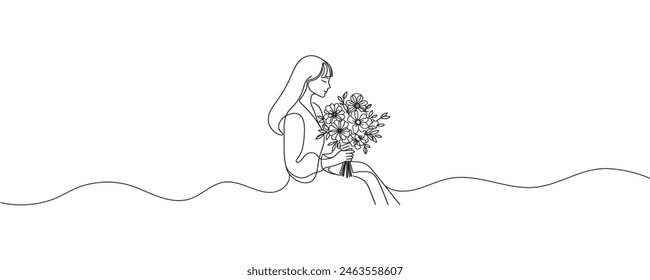 Dibujo continuo de una línea de una niña sosteniendo un ramo de flores. Ilustración gráfica de un Vector de una sola línea.