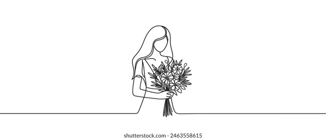 Kontinuierliche eine Linie Zeichnung eines Mädchens mit einem Blumenstrauß. grafische Darstellung der Vektorgrafik einer Einzellinienzeichnung.