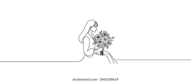 Continuous one line drawing of a girl holding a bouquet of flowers. Vector graphic illustration of a single line drawing.