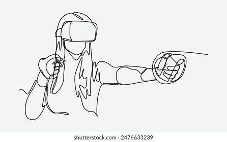 Continuous one line drawing of girl using virtual reality headset and playing game. Editable line. Graphic illustration.