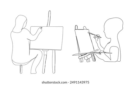 Continuous one line drawing girl holding a paintbrush and working on a painting for art class. Class in action concept. Single line draw design vector graphic illustration set