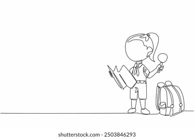 Continuous one line drawing girl in scout uniform with map and flashlight in hand. View and read the map carefully. Instruction. National Girl Scout Day. Single line draw design vector illustration