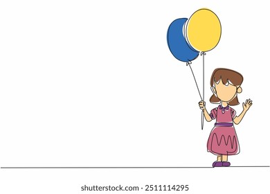 Continuous one line drawing girl holding yellow and blue balloons with one hand. Gesture. Symbol of caring for others. Disorder. World Down Syndrome Day Single line draw design vector illustration