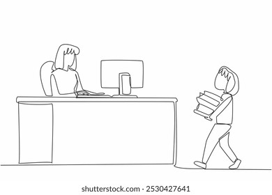 Continuous one line drawing girl carrying stack of books to female librarian. Record books before lending them. Occupation. National School Librarian Day. Single line draw design vector illustration