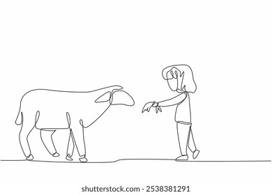 Continuous one line drawing girl feeding grass to sheep. Dedicated from an early age. Happy and patient to feed. Little farmer. National Farm Animals Day. Single line draw design vector illustration