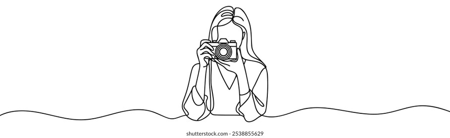 Fotógrafo de menina de desenho contínuo de uma linha tirando fotos. Ilustração de vetor de foto