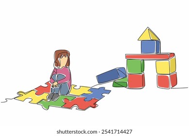 Continuous one line drawing girl sitting on a puzzle mat playing wooden blocks. Playing to kill time. Stay cheerful even alone. World Autism Awareness Day. Single line draw design vector illustration