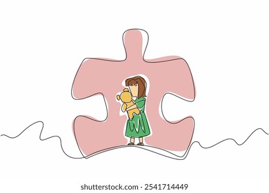 Continuous one line drawing girl playing with doll in the middle of large puzzle piece. Helps play to focus. Piece of happiness. World Autism Awareness Day. Single line draw design vector illustration