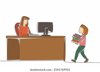 Continuous one line drawing girl carrying stack of books to female librarian. Record books before lending them. Occupation. National School Librarian Day. Single line draw design vector illustration