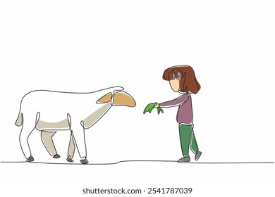 Continuous one line drawing girl feeding grass to sheep. Dedicated from an early age. Happy and patient to feed. Little farmer. National Farm Animals Day. Single line draw design vector illustration