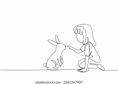 Continuous one line drawing girl sit cross legged and playing with rabbit. Relieve fatigue from studying by playing with rabbit. National Kids and Pets Day. Single line draw design vector illustration