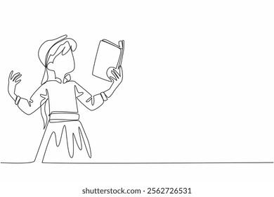 Continuous one line drawing a girl reading a book or poem with an attractive pose. Exploring hidden talents. Female poet. Poetic. Great Poetry Reading Day. Single line draw design vector illustration