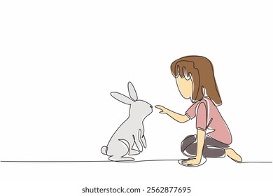 Continuous one line drawing girl sit cross legged and playing with rabbit. Relieve fatigue from studying by playing with rabbit. National Kids and Pets Day. Single line draw design vector illustration