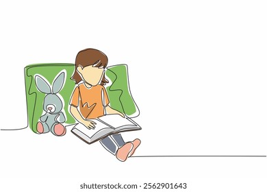 Continuous one line drawing girl sitting leaning on pillow reading story book to a rabbit doll. The story of a genius rabbit. National Tell a Story Day. Single line draw design vector illustration