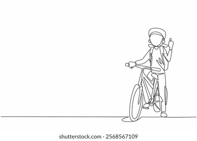 Continuous one line drawing girl stands on bicycle with one hand forms thumbs up gesture. Pumping up adrenaline for knowledge. National Bike to School Day. Single line draw design vector illustration