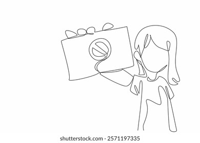 Continuous one line drawing girl raises hand holding paper with forbidden sign. Anti bullying campaign in schools. Make more friends. Anti Bullying Day. Single line draw design vector illustration