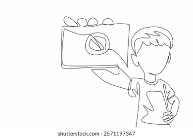 Continuous one line drawing girl raises hand holding paper with forbidden sign. Stop arbitrariness. Stop bullying in schools. No bully. Anti Bullying Day. Single line draw design vector illustration