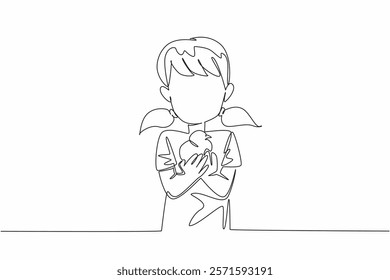 Continuous one line drawing girl holding chick with both hands. Playing with adorable chicks. Livestock. Animal pet. International Respect for Chickens Day. Single line draw design vector illustration